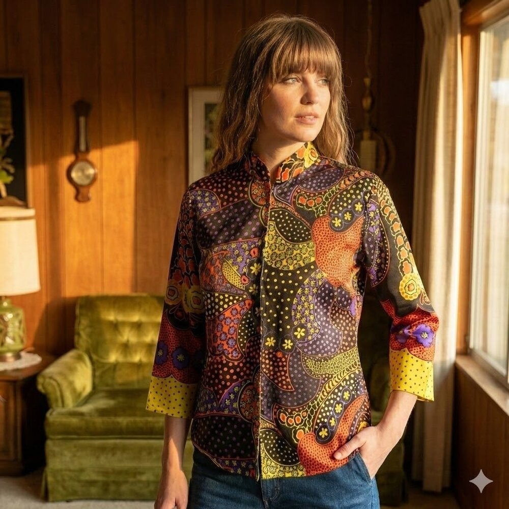 Vintage 1960s Psychedelic Neon Floral Shirt Medium Satin Mod Zip Front Hippy Top